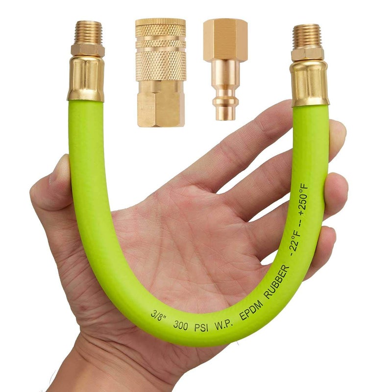 Minimprover 3/8" x 12 Inch Heavy Duty Short Air Compressor EPDM Rubber Hose 300 PSI: 1/4" Male NPT to 1/4" Male NPT Connections With Quick Coupler Brass Fitting - Image 1